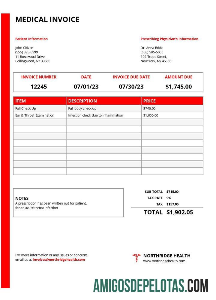 em branco Modelo de fatura médica do Northridge Health Center dos EUA, Nova York